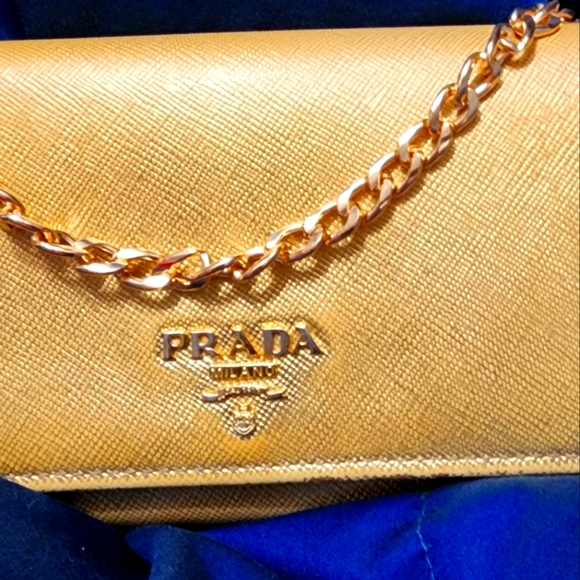Prada Saffiano double snap metallic gold EUC wallet with Chain and chain insert - Picture 1 of 8